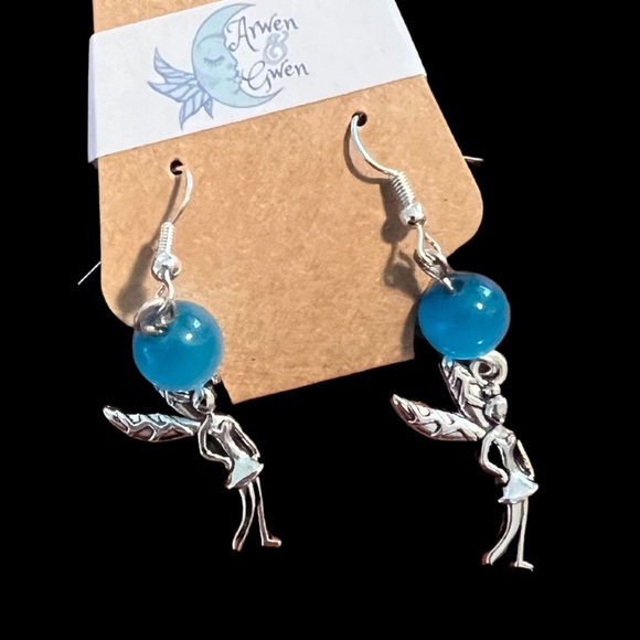 Blue Glass Bead Earrings with Silver Fairy Charm - Picture 1 of 2